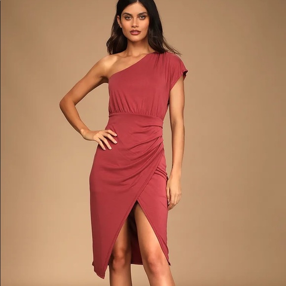 Lulus NWT Raise a Glass Rusty Rose Maube One-Shoulder Wrap Midi Dress V Day - Picture 1 of 6